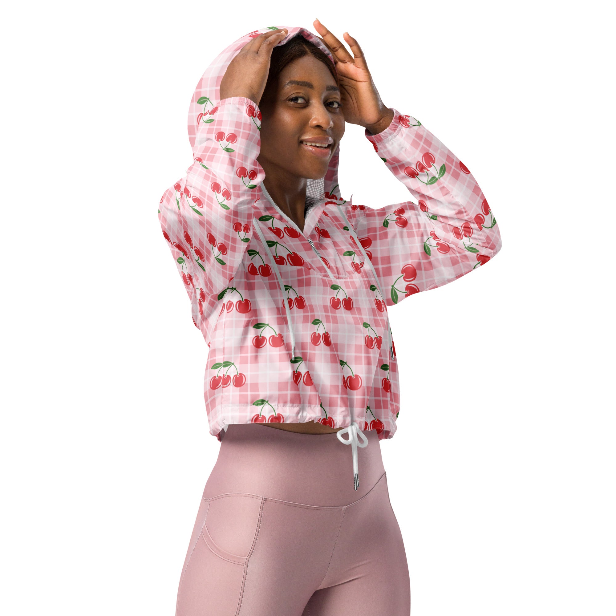 Women’s pink cherry plaid cropped windbreaker with adjustable hood white drawstring lightweight water resistant jacket