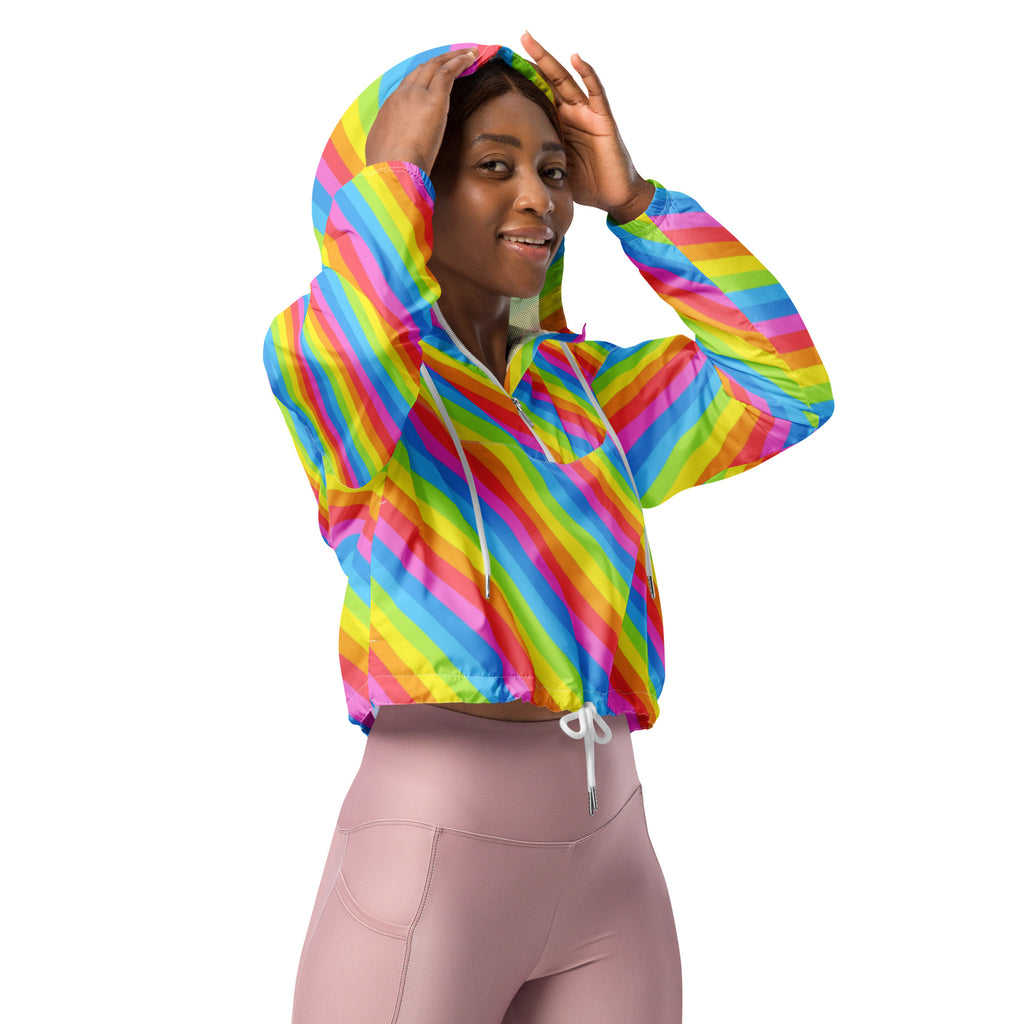 Women’s rainbow stripe cropped windbreaker with adjustable white drawstring hood and elasticated waist pockets