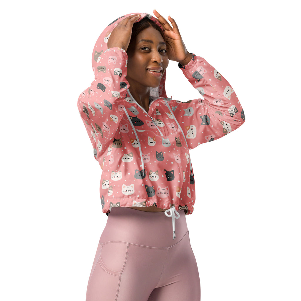 Women’s cute pink cat faces cropped windbreaker with playful cartoon cats, drawstring hood, and front zipper