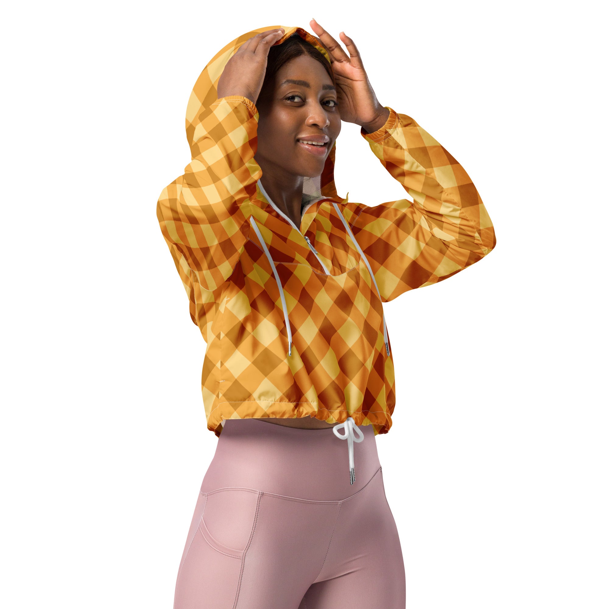 Women’s orange gingham cropped windbreaker featuring a vibrant yellow and orange checkered hooded jacket with drawstring closure