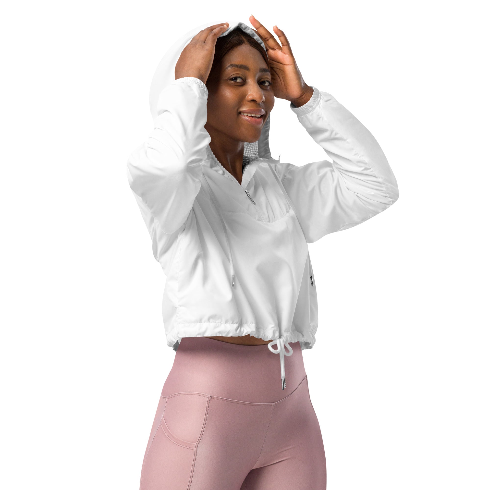 White cropped women’s windbreaker with adjustable hood drawstring waist and reflective mesh lining, lightweight and water resistant