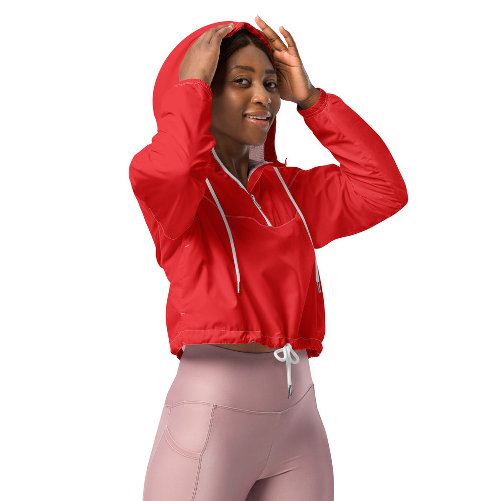 Women’s red cropped windbreaker jacket with white drawstrings and zipper accents, lightweight and water resistant