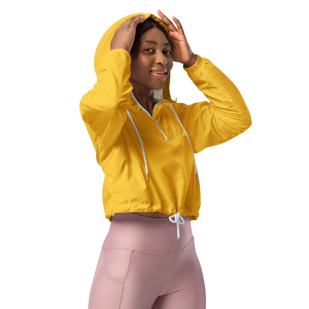 Women’s yellow cropped windbreaker with adjustable hood white drawstrings front zipper lightweight water resistant jacket