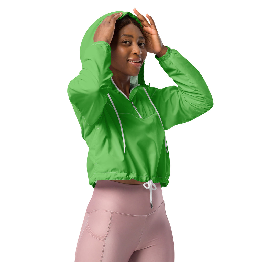 Women’s bright green cropped windbreaker with white drawstrings front zipper lightweight water resistant jacket