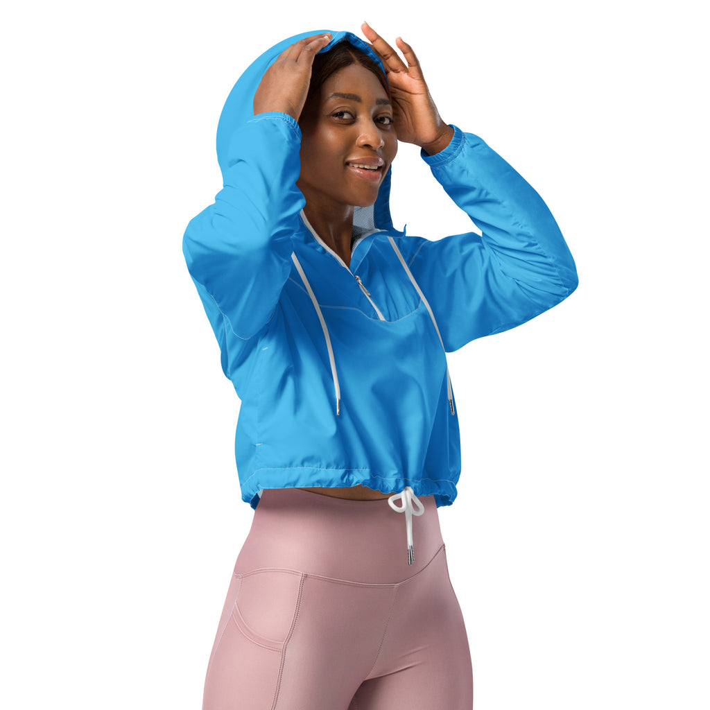 Women’s sky blue cropped hooded windbreaker with white zipper and drawstring lightweight water resistant jacket