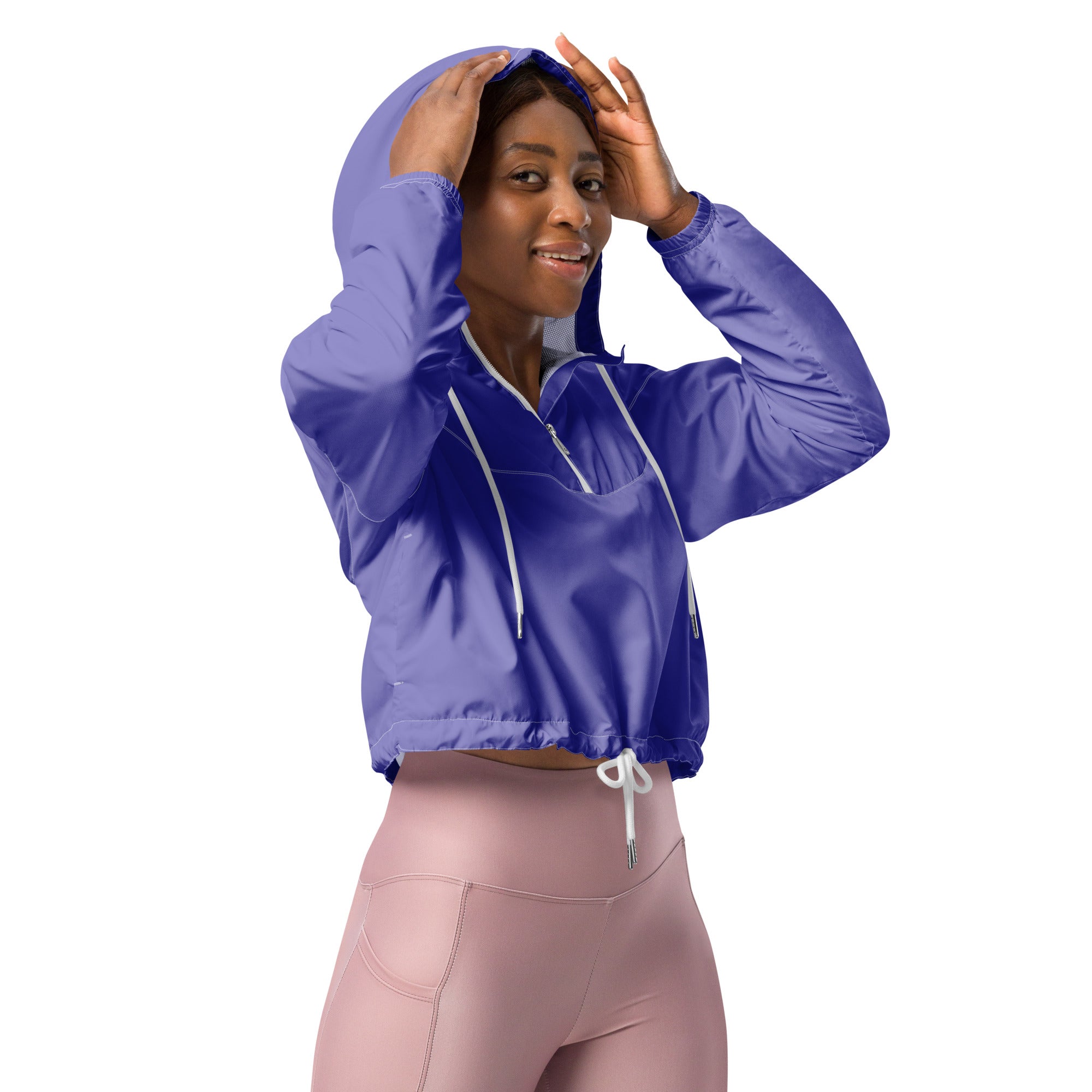 Women’s purple cropped windbreaker with white zipper and drawstring lightweight water resistant hooded jacket