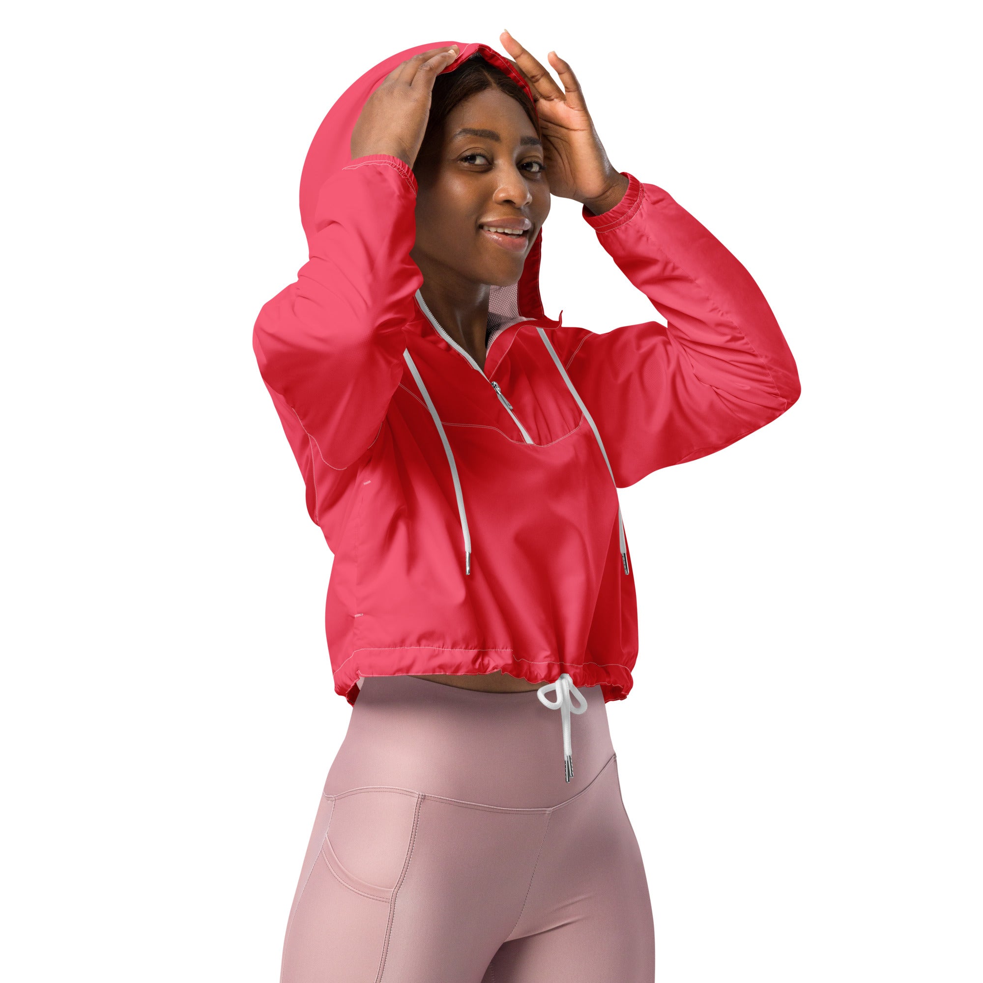 A vibrant pink cropped hooded windbreaker jacket with white drawstrings and a front zipper for women