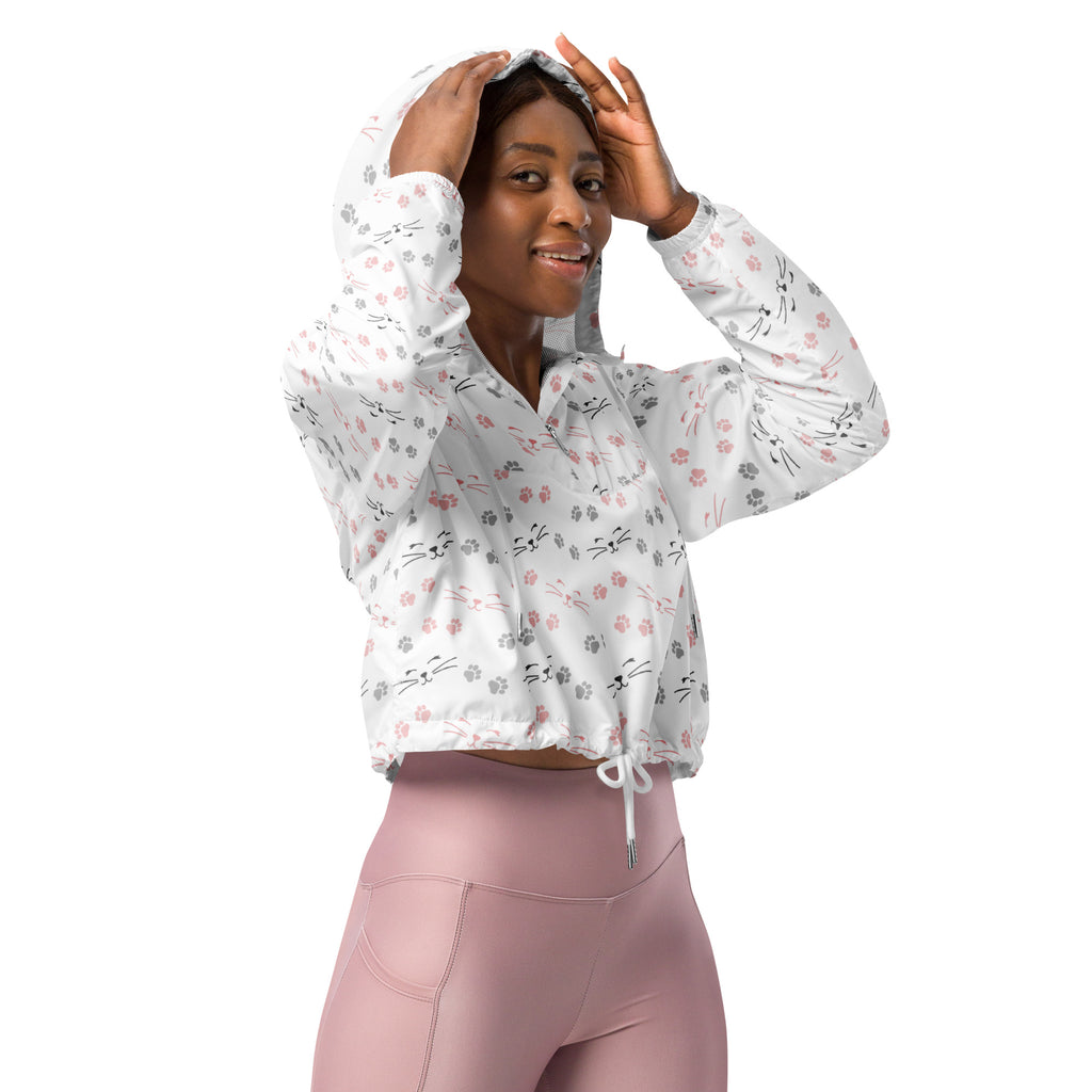 Women’s white cropped windbreaker with pink and gray cat face pattern drawstring hood and elastic cuffs