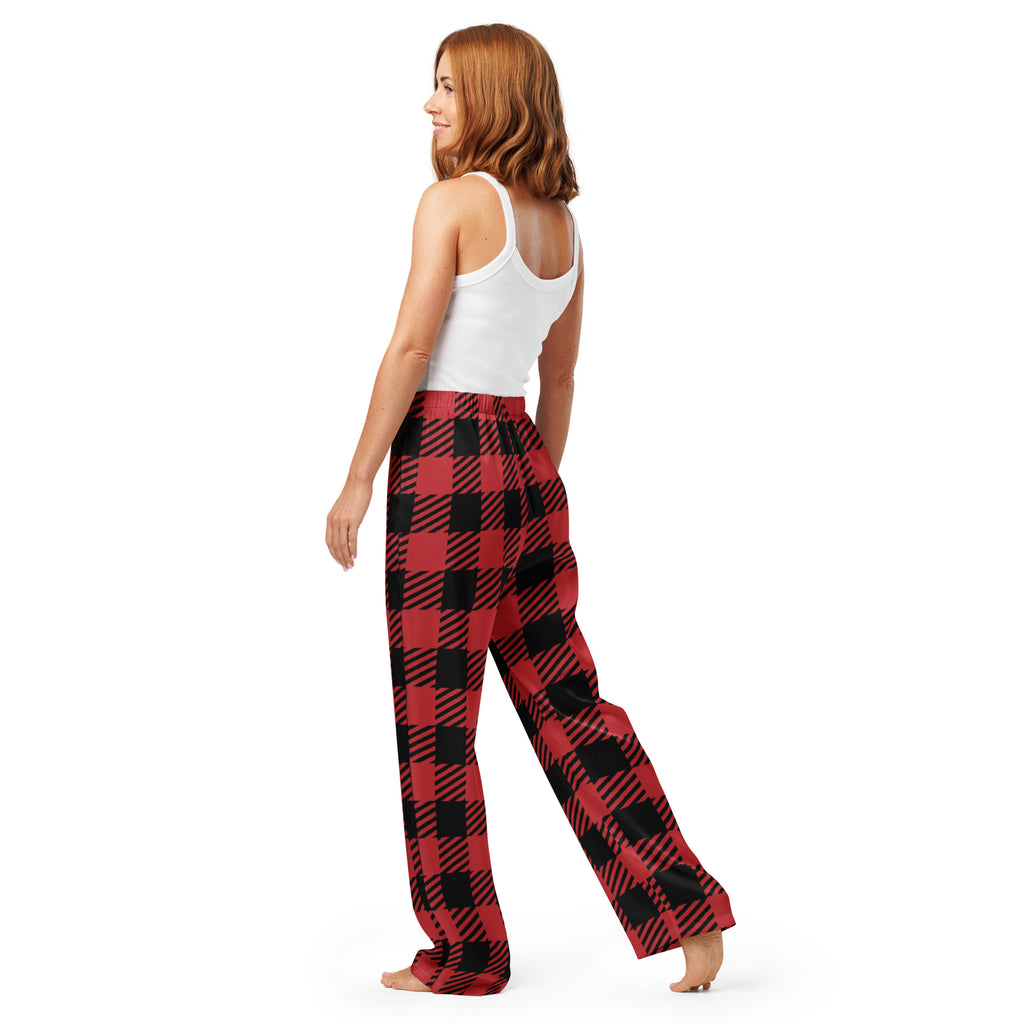 Women’s buffalo plaid pajama pants in red and black lightweight fabric with a relaxed wide-leg fit and drawstring waist