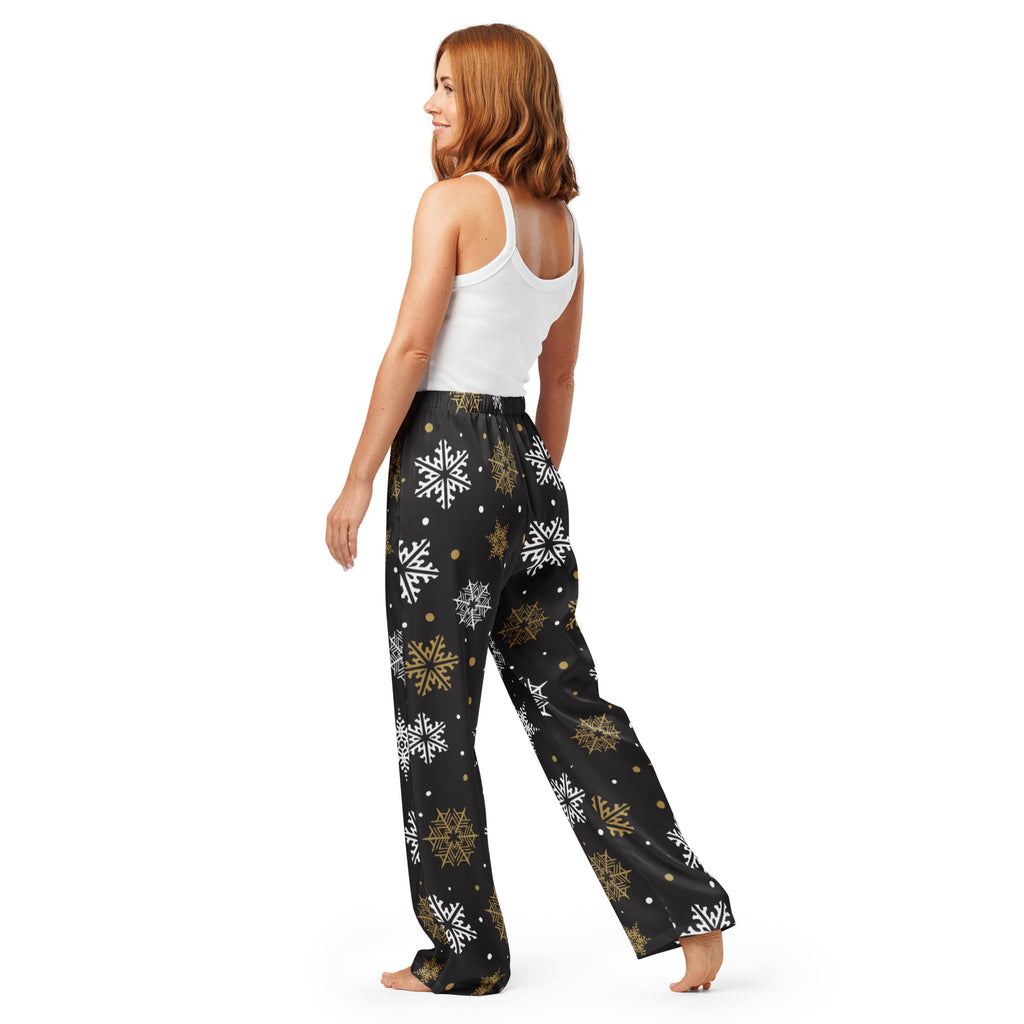 Women’s black pajama pants with a gold and white snowflake pattern lightweight relaxed fit with drawstring waist