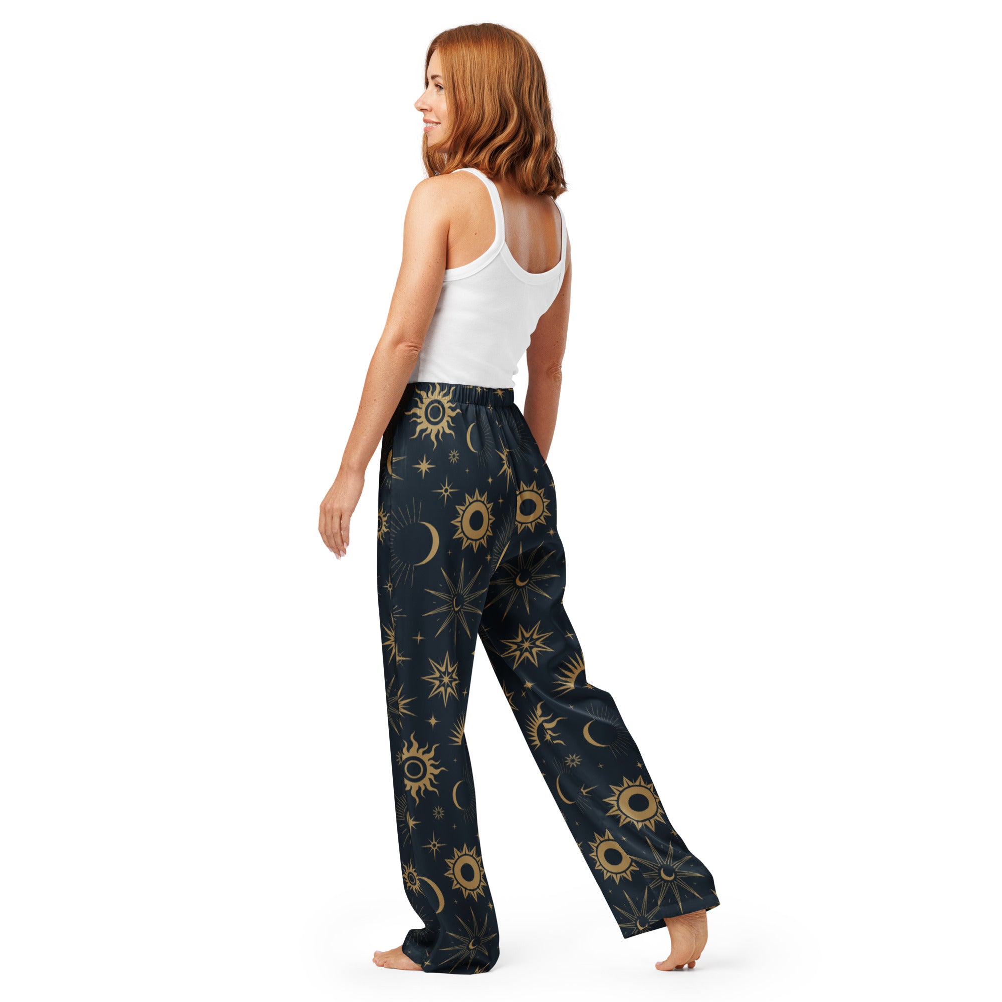 Dark blue women’s celestial sun and moon pajama pants with gold celestial print lightweight relaxed fit with drawstring waist