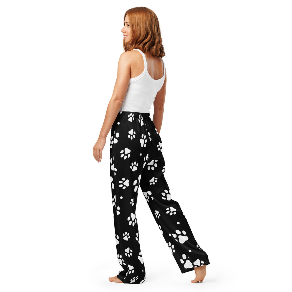 Women’s black lightweight pajama pants with white paw print pattern and relaxed fit drawstring waist