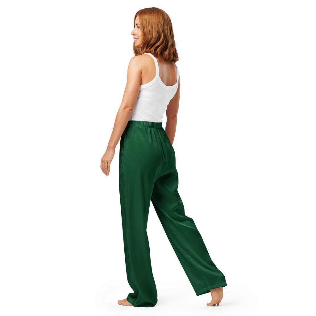 Women’s dark green satin pajama pants with a relaxed wide-leg cut and elastic drawstring waistband