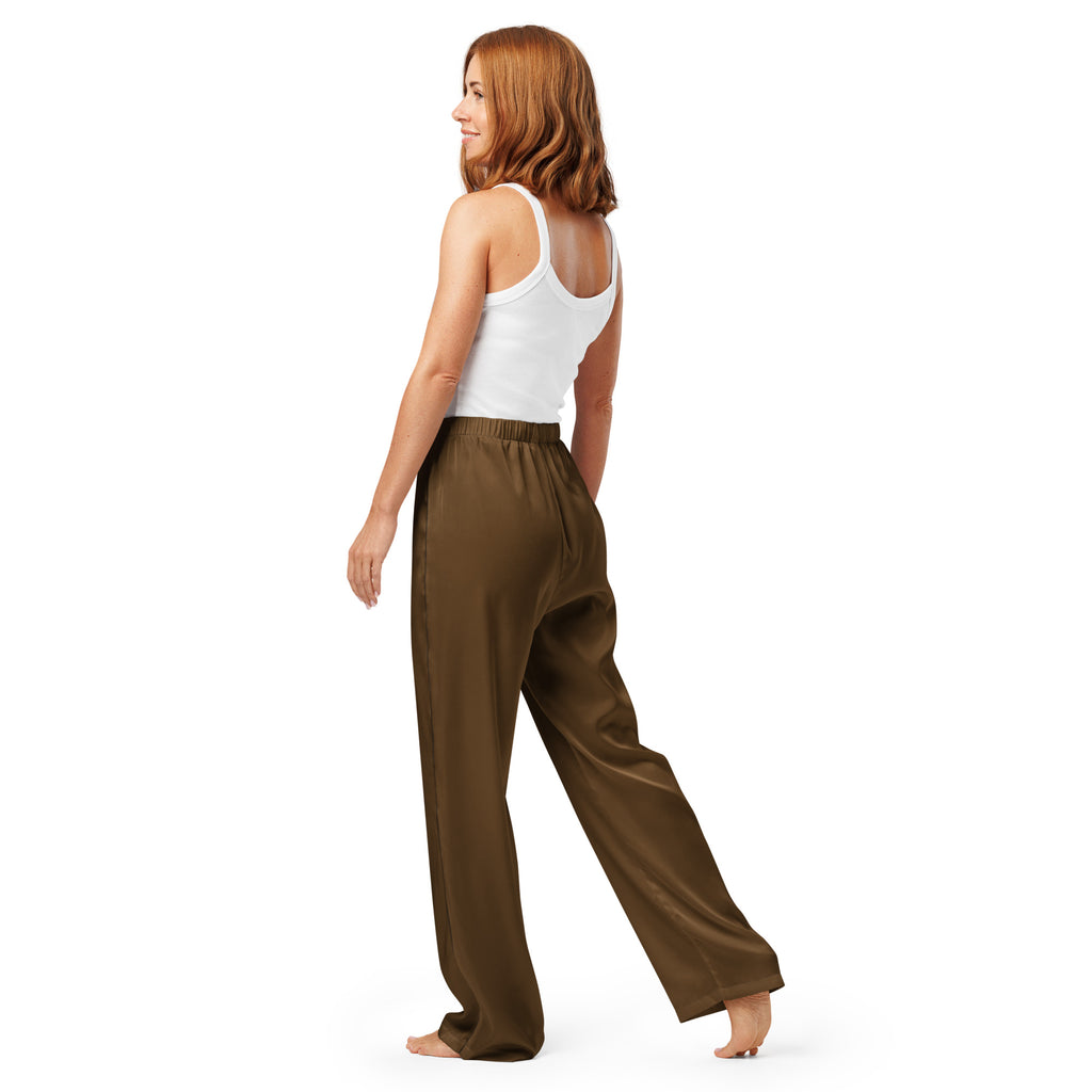 Women’s brown satin wide-leg pajama pants with lightweight relaxed fit and drawstring waist for comfortable lounging