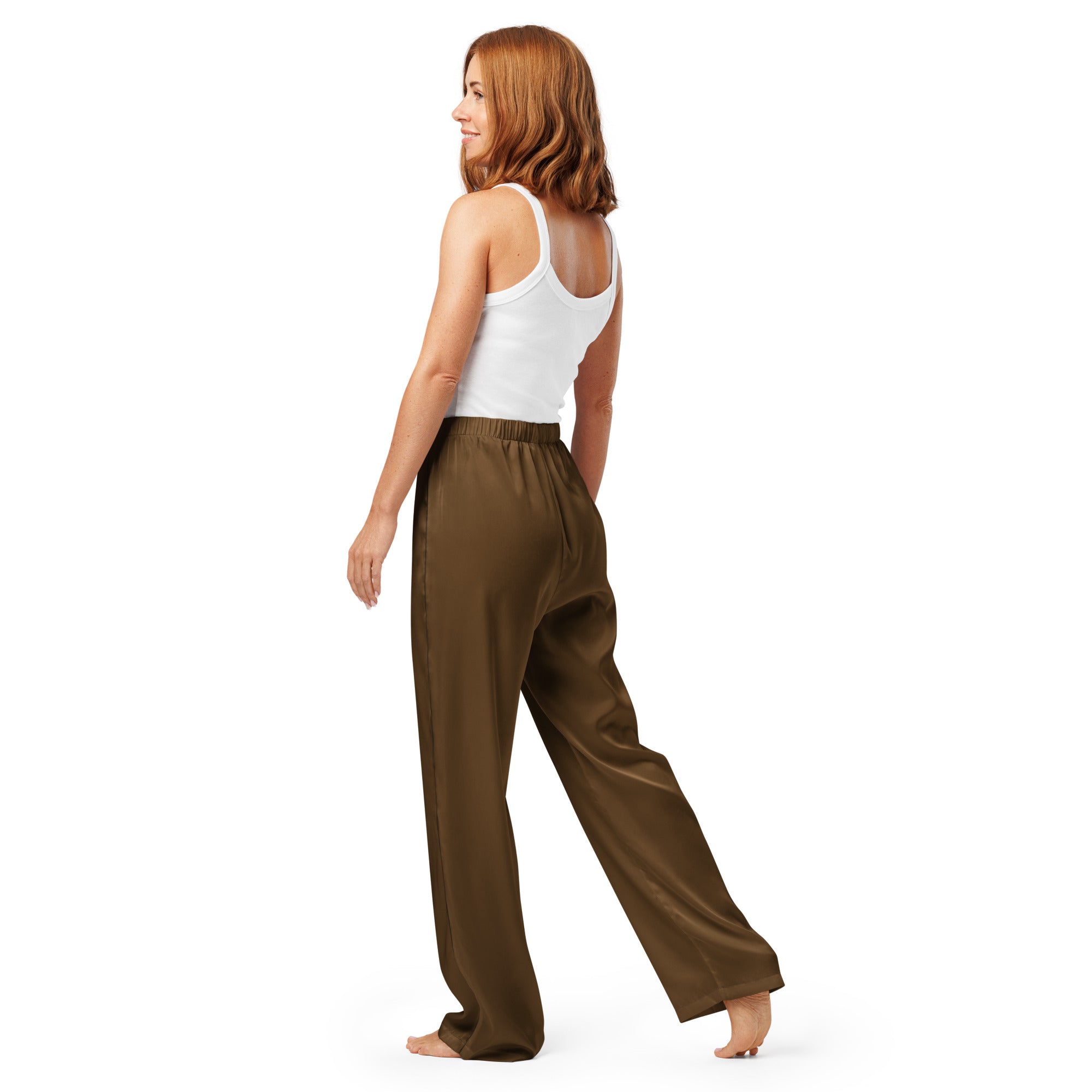 Women’s brown satin wide-leg pajama pants with lightweight relaxed fit and drawstring waist for comfortable lounging