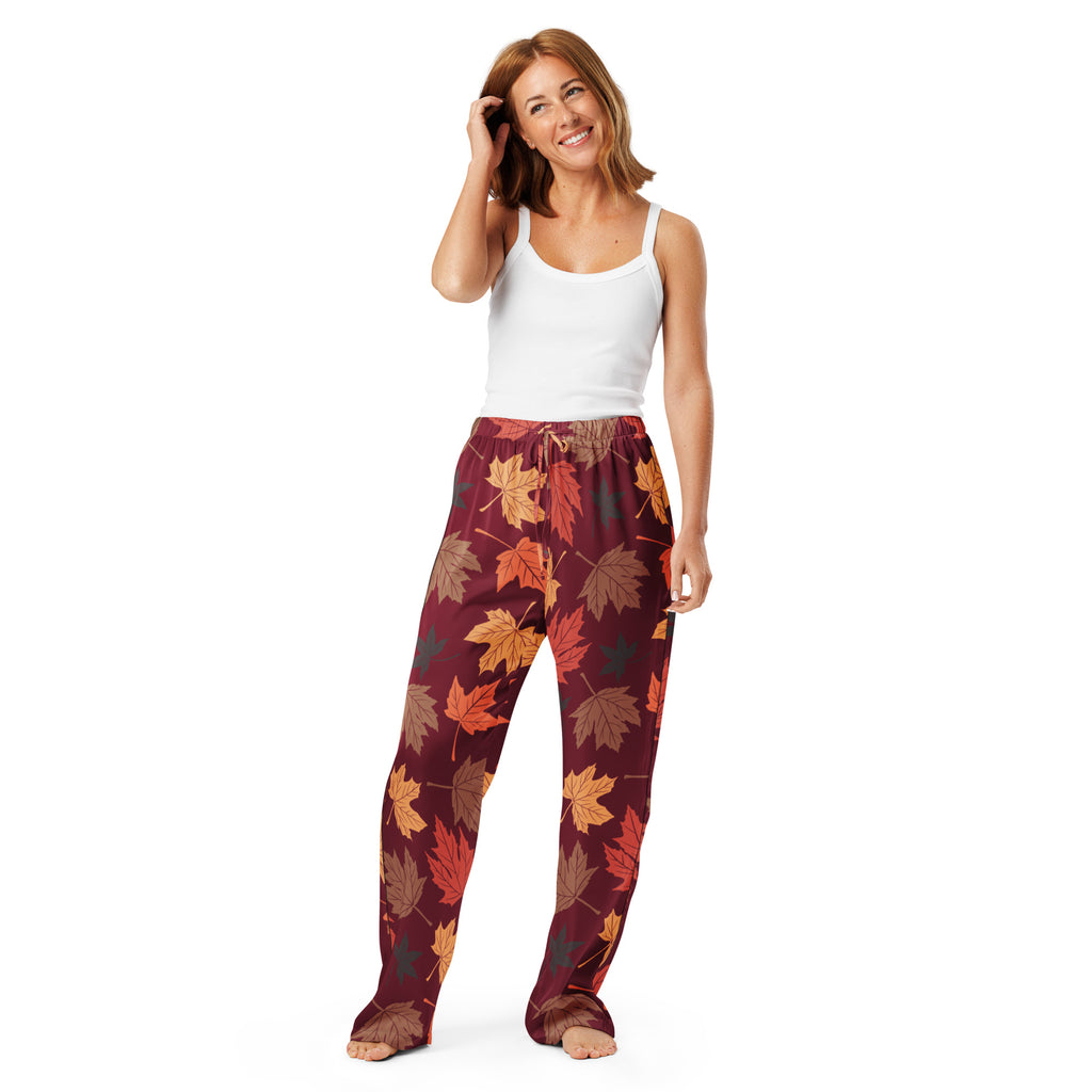Women’s maroon autumn leaves pajama pants with vibrant orange red brown leaf pattern lightweight relaxed fit with drawstring waist