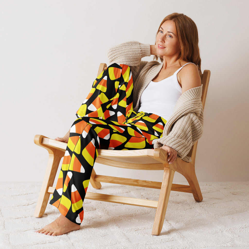 Women’s lightweight relaxed fit candy corn-patterned pajama pants in black orange and yellow with drawstring waist