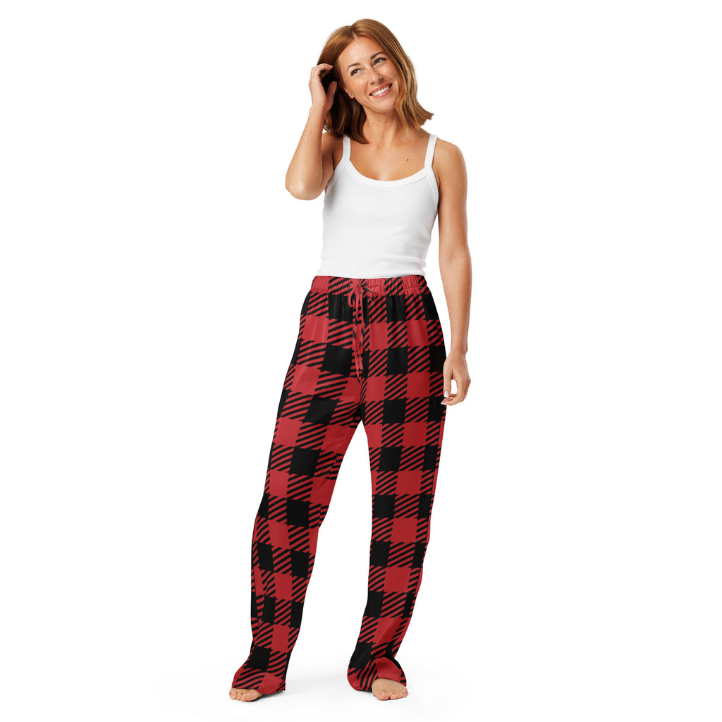 Women’s red and black buffalo plaid pajama pants lightweight relaxed fit with drawstring waist for comfort