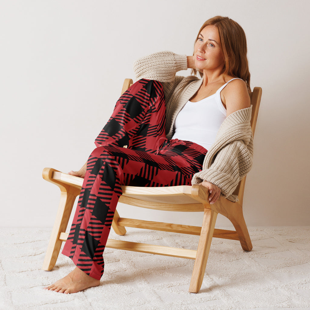 Women’s red and black buffalo plaid pajama pants with lightweight fabric and relaxed fit with drawstring waist