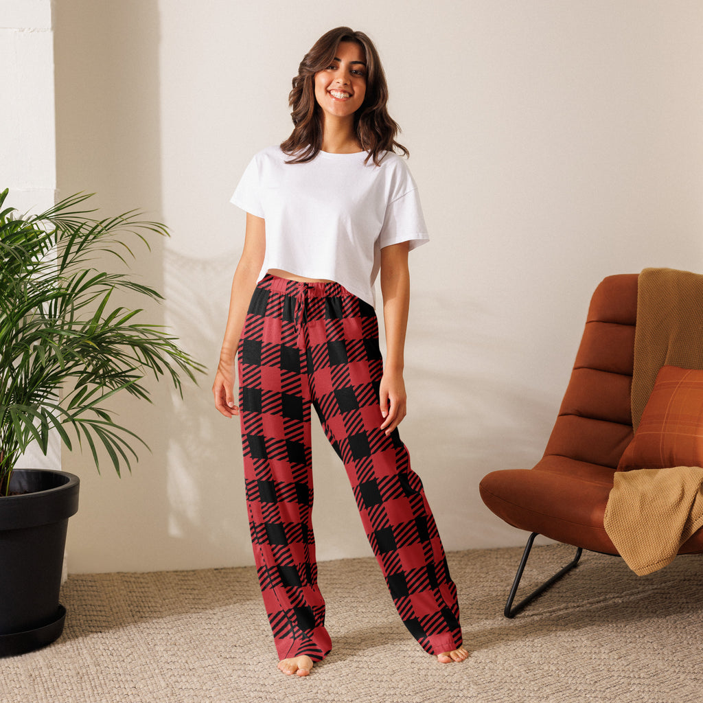 Women’s buffalo plaid pajama pants in red and black with lightweight relaxed fit and drawstring waist