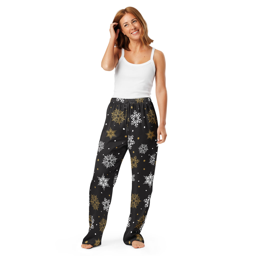 Women’s black pajama pants with white and gold snowflake pattern lightweight relaxed fit with drawstring waist