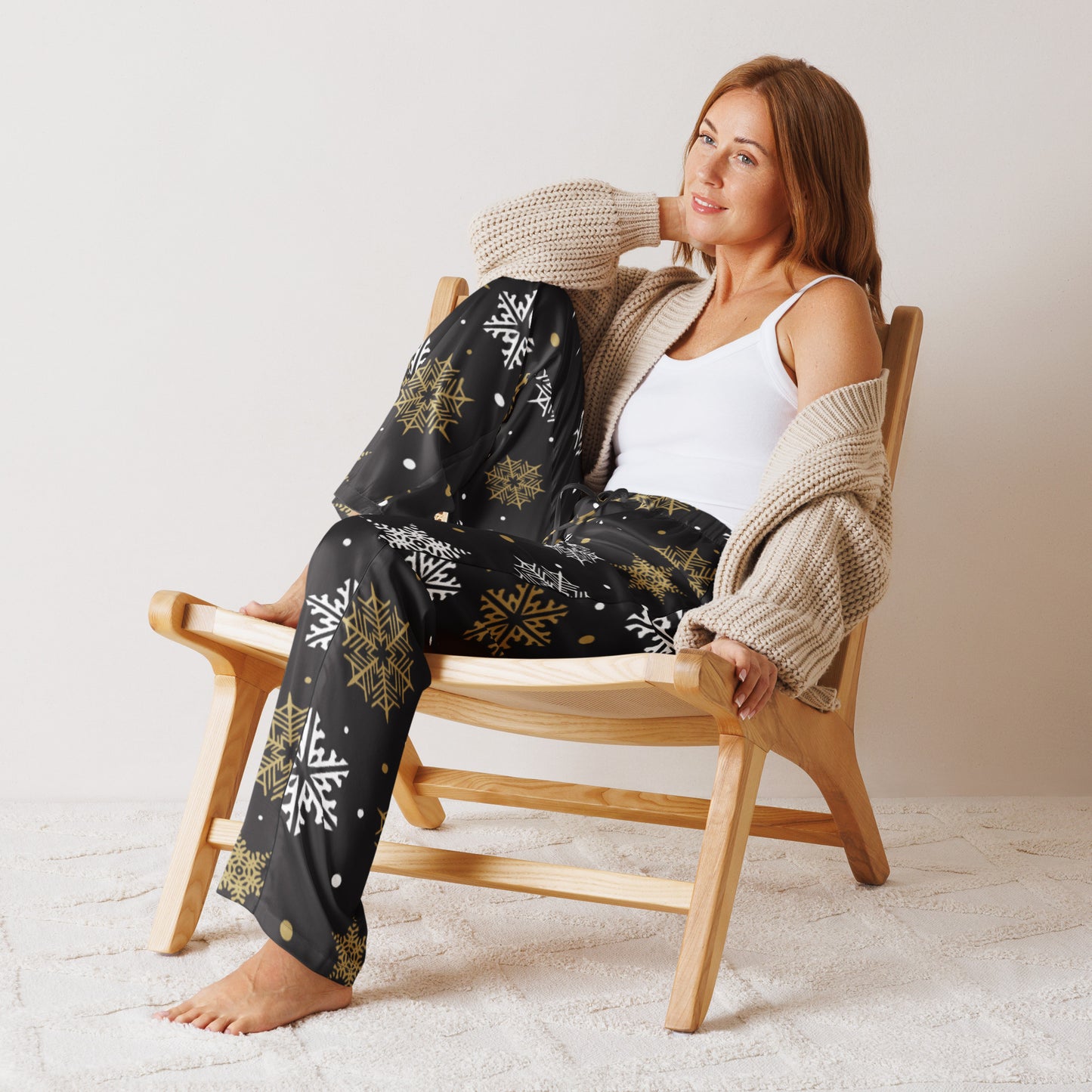 Women’s Black & Gold Snowflake Pajama Pants – Lightweight Relaxed Fit with Drawstring Waist