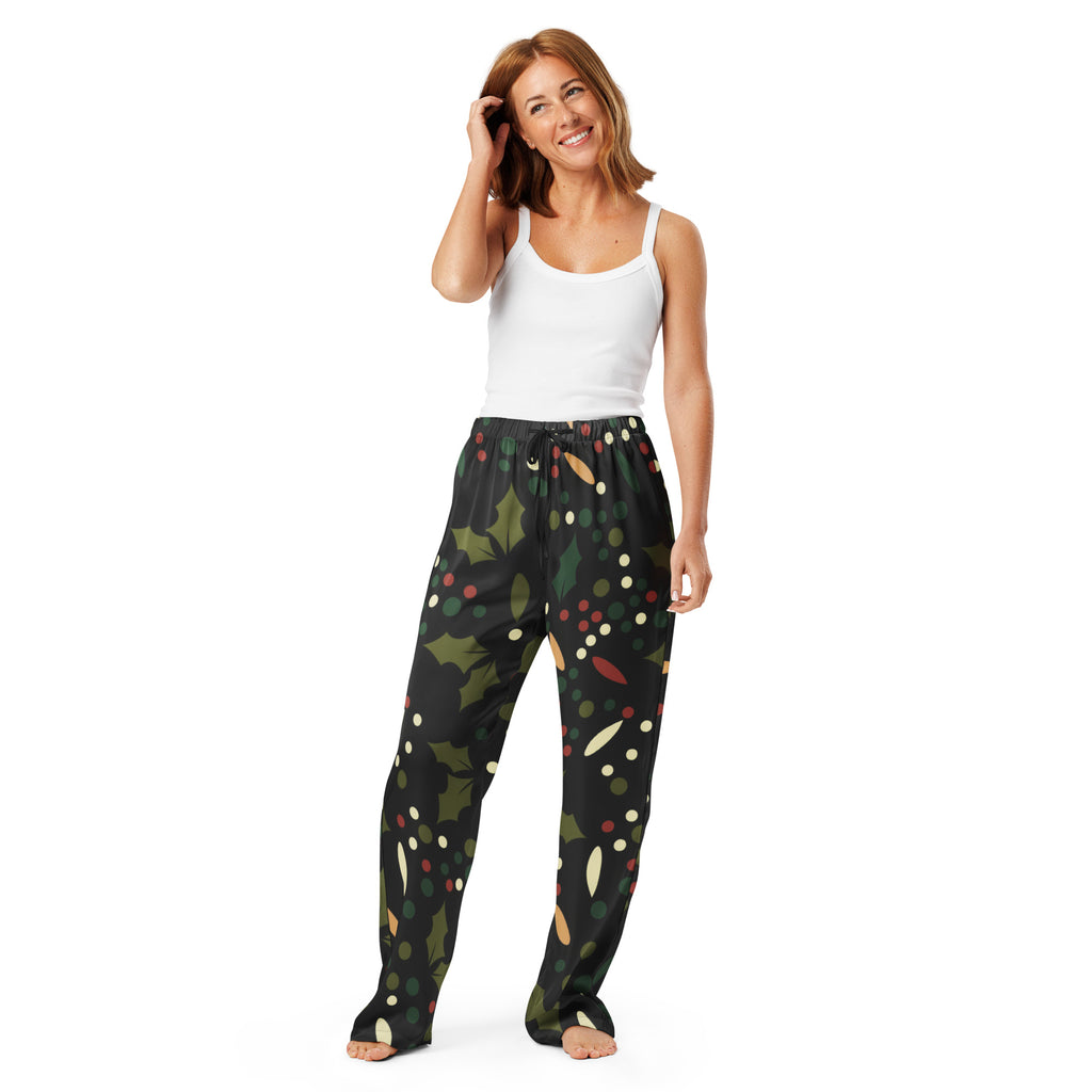 Women’s black lightweight holly print christmas pajama pants with green leaves red berries and drawstring waist