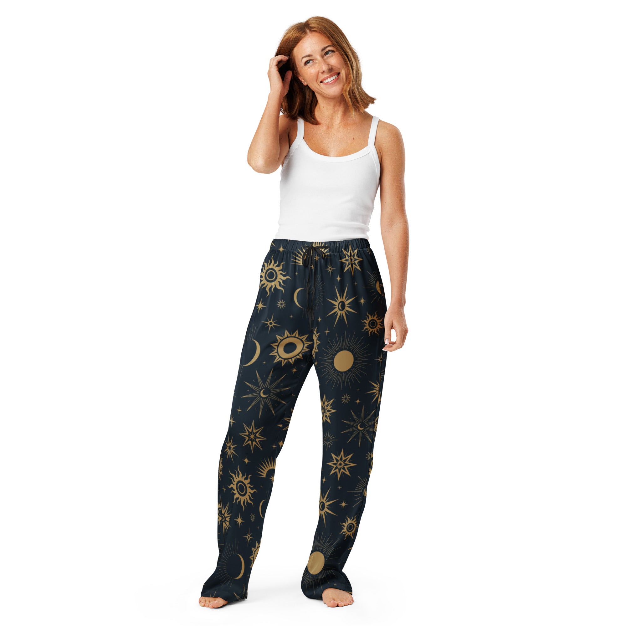 Women’s dark blue lightweight celestial sun and moon pajama pants with vibrant gold pattern and drawstring waist