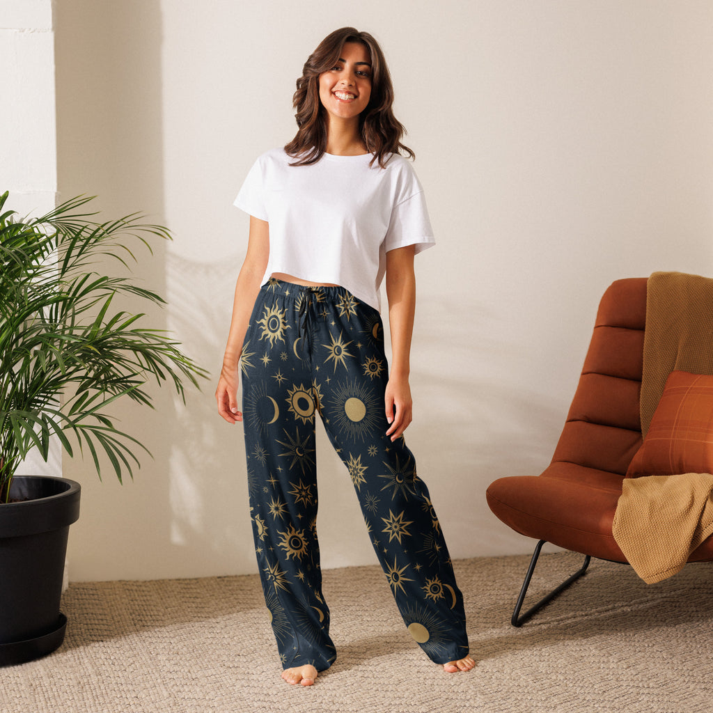 Women’s dark blue celestial sun and moon pajama pants with gold print lightweight relaxed fit with drawstring waist