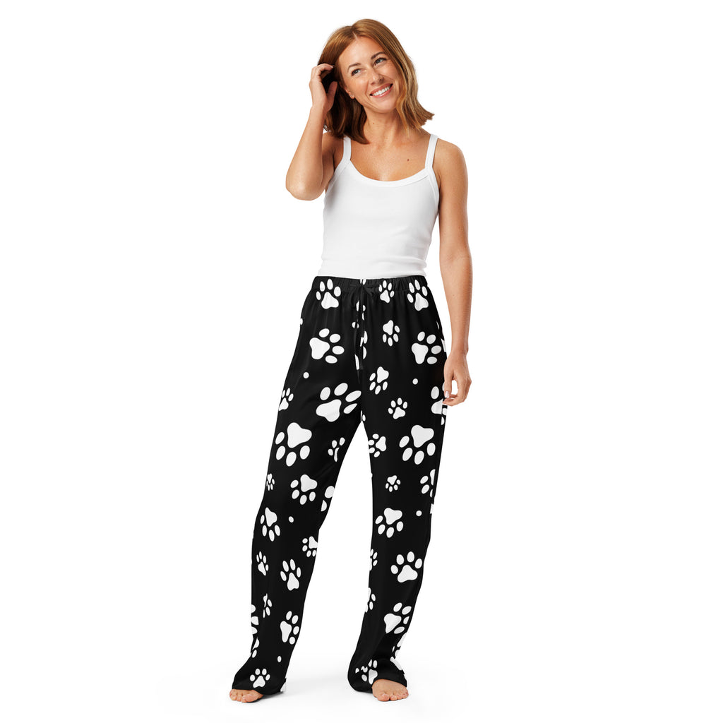 Women’s black lightweight pajama pants with playful white paw print pattern and relaxed fit drawstring waist