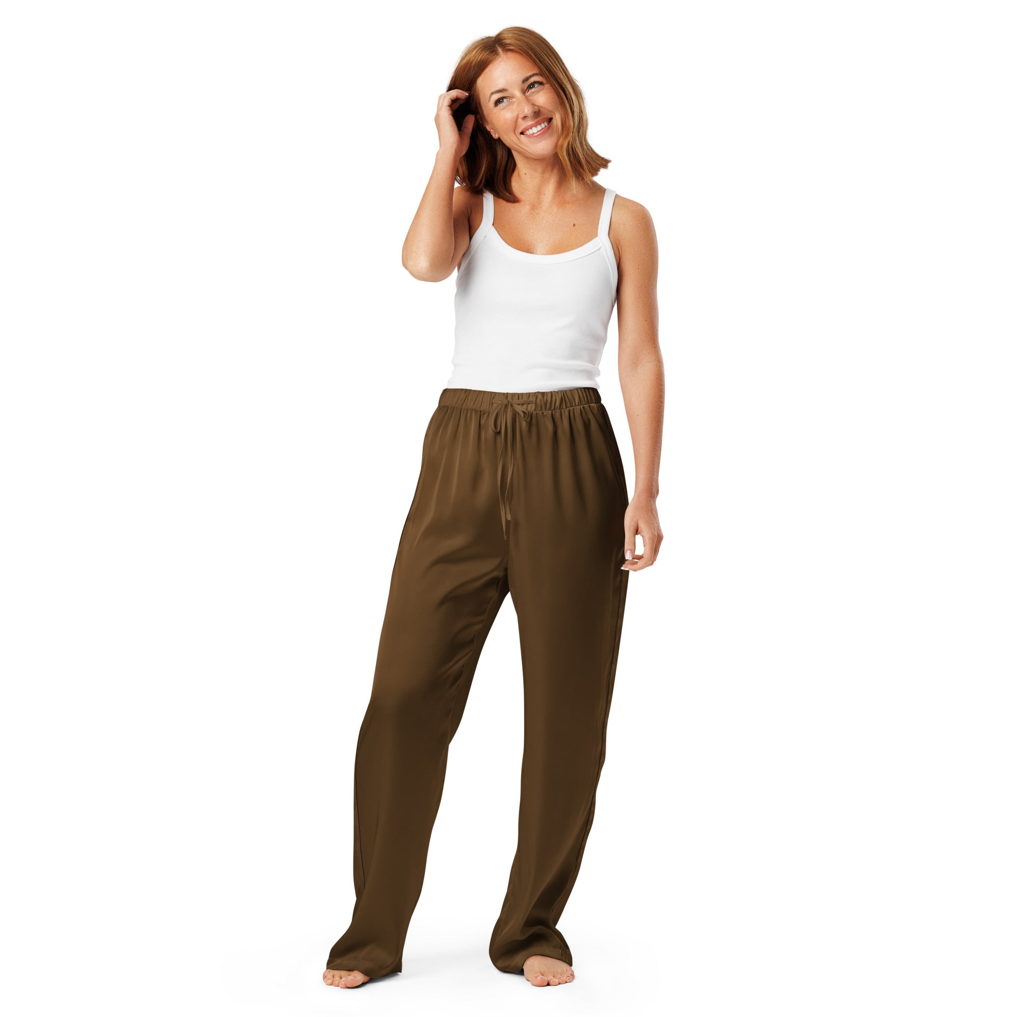 Women’s brown satin pajama pants with lightweight relaxed fit and drawstring waistband for comfortable lounging