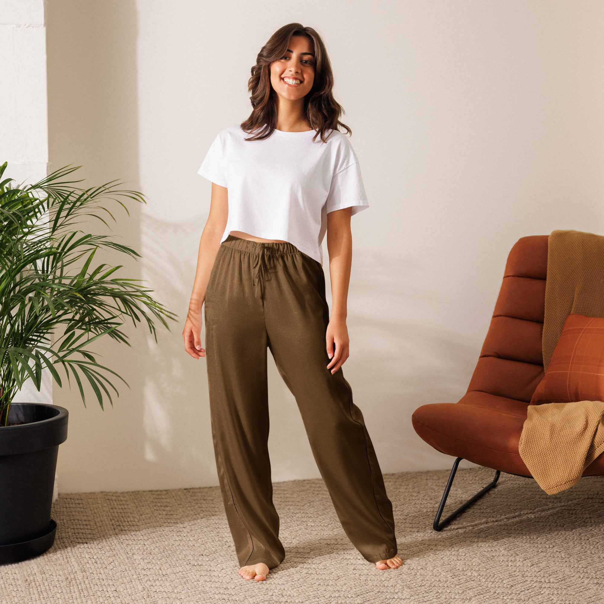 Women’s olive satin pajama pants with a drawstring waistband lightweight relaxed fit and comfortable design