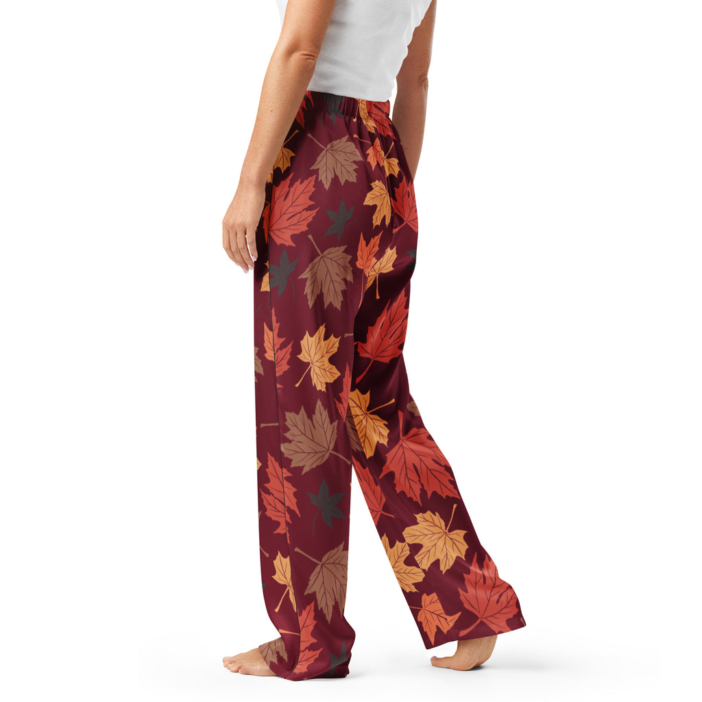 Women’s maroon autumn leaves pajama pants with vibrant orange red brown leaf pattern lightweight relaxed fit