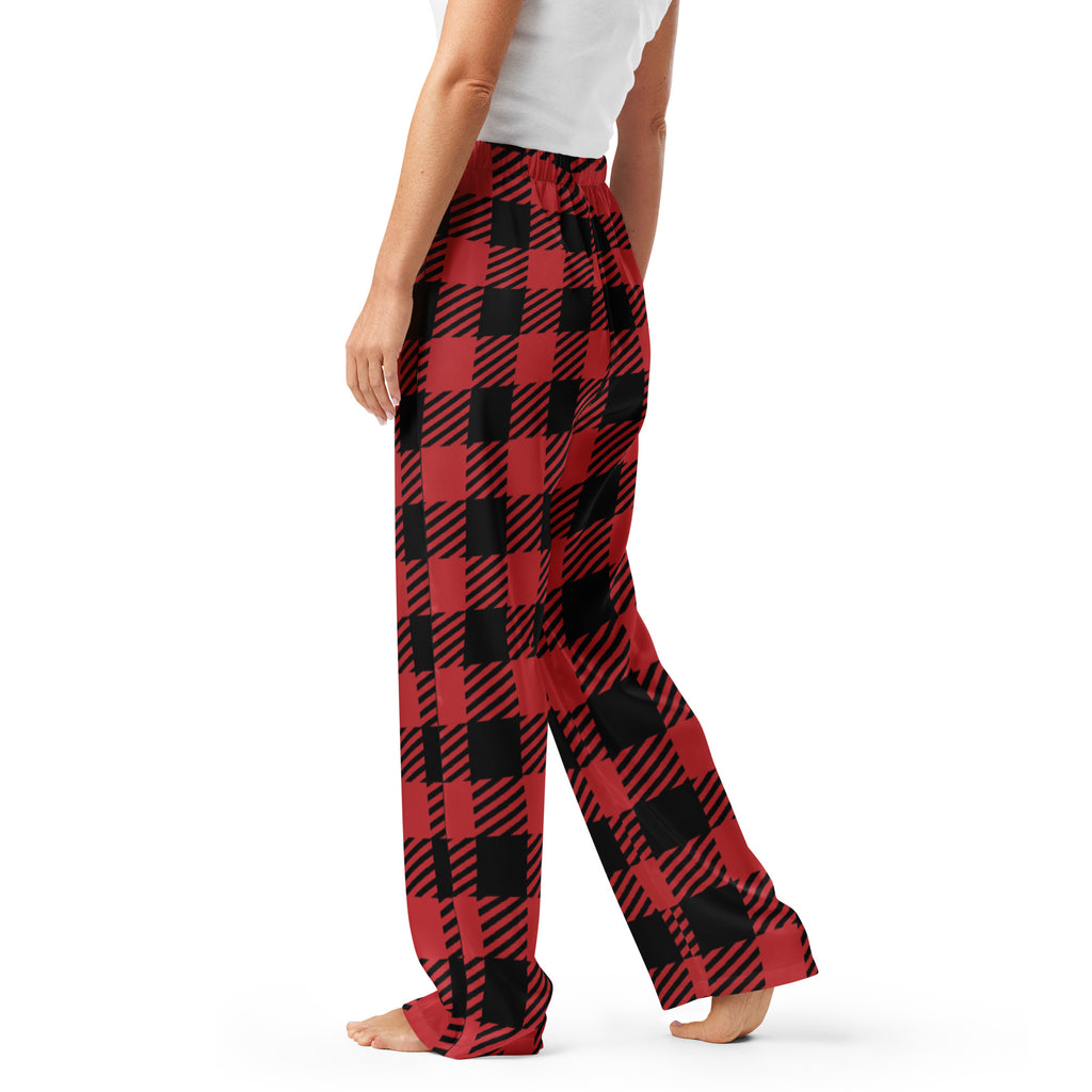 Women’s buffalo plaid pajama pants in red and black with a lightweight relaxed fit and drawstring waist