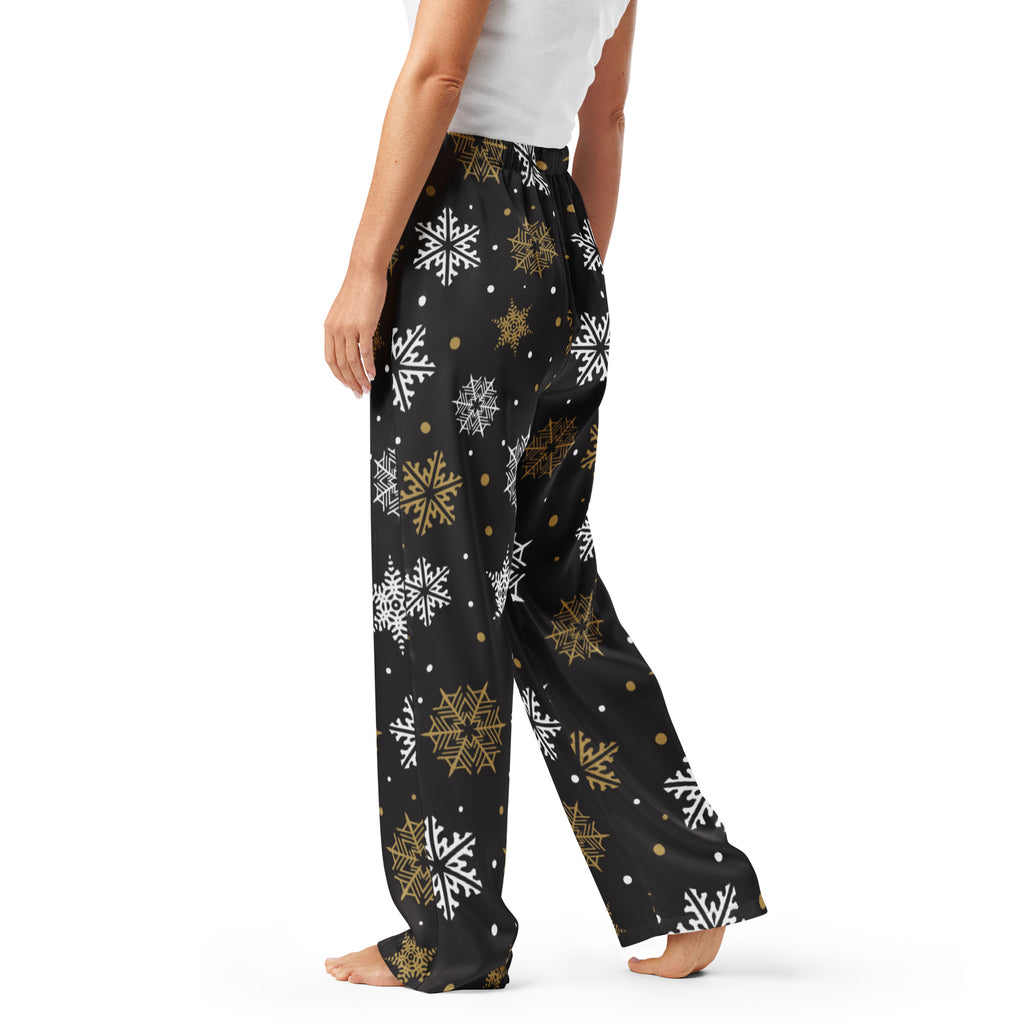 Women’s black pajama pants with white and gold snowflake pattern lightweight relaxed fit with drawstring waist