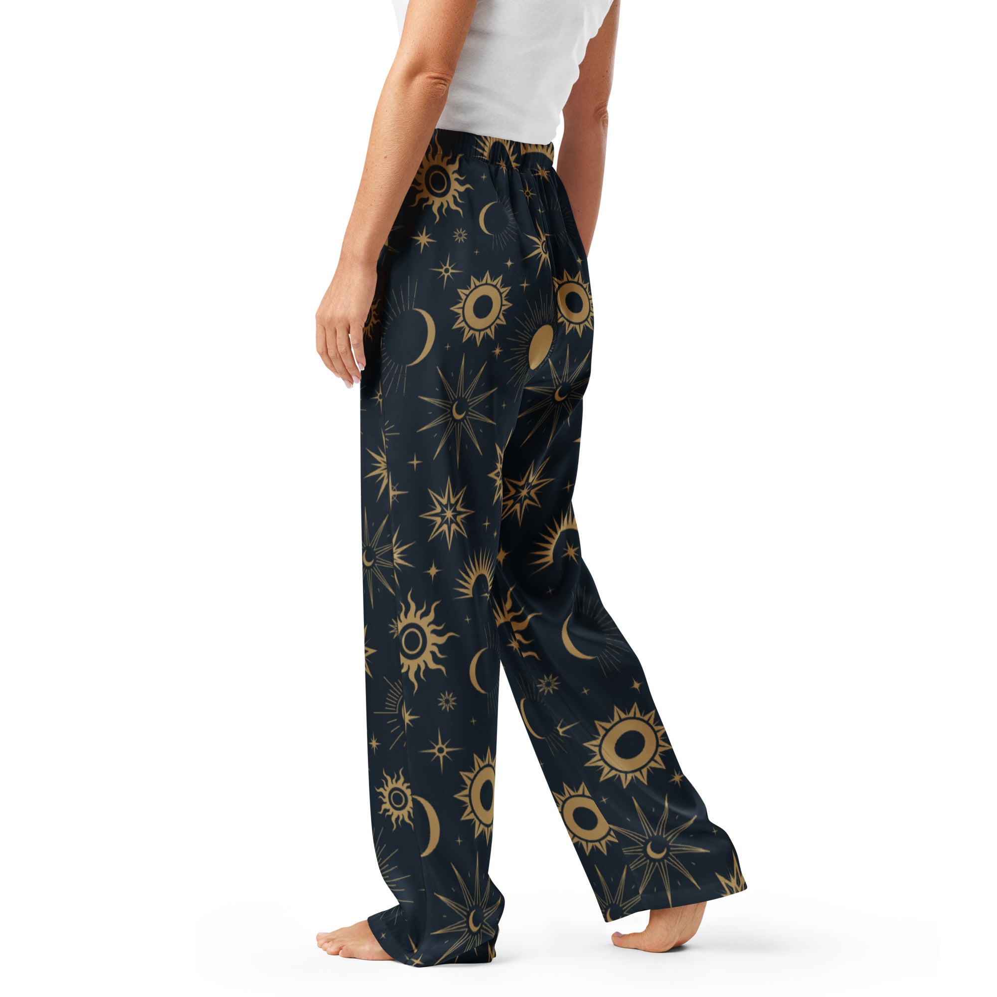 Dark blue wide-leg pajama pants with gold celestial sun moon stars pattern lightweight relaxed fit drawstring waist