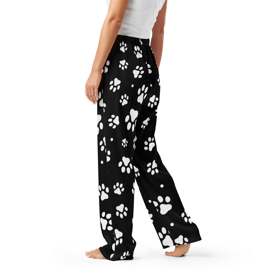Women’s black lightweight pajama pants with white paw print pattern and drawstring waist for relaxed fit comfort