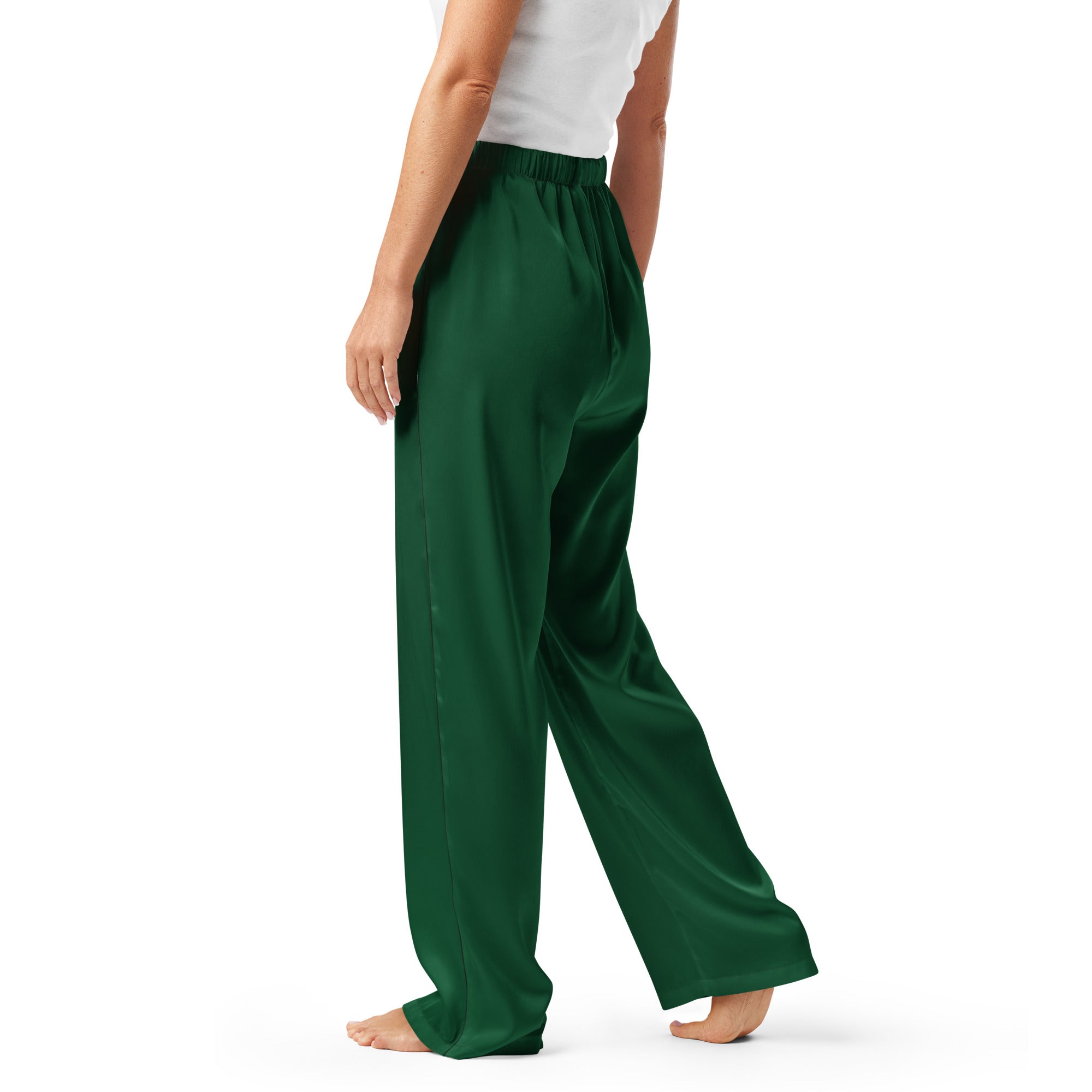 Women’s dark green satin pajama pants with a lightweight relaxed fit high waist and wide legs with drawstring waist