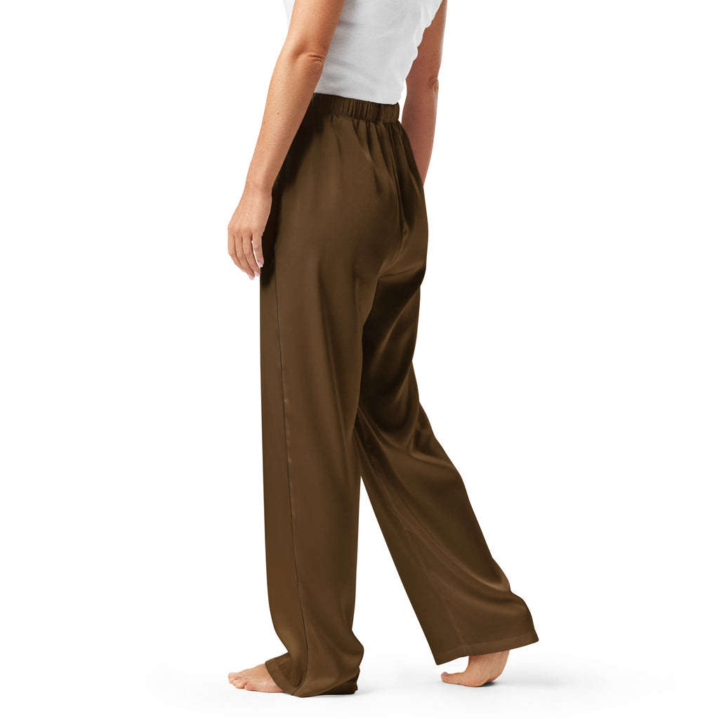 Women’s brown satin wide-leg pajama pants with elastic waistband lightweight relaxed fit and drawstring waist