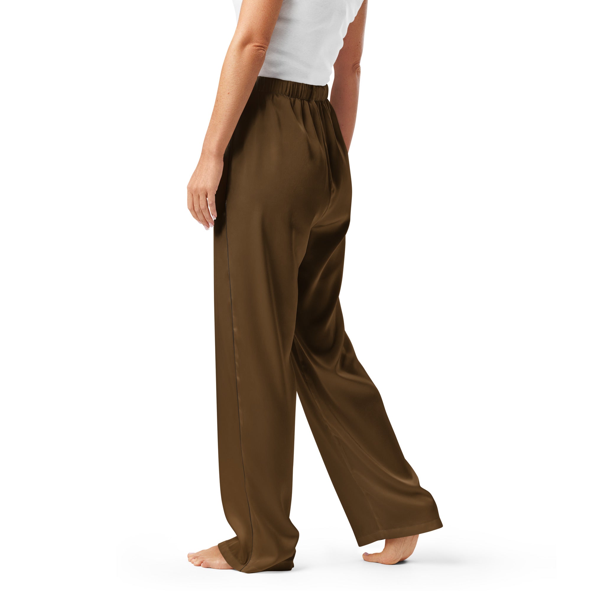 Women’s brown satin wide-leg pajama pants with elastic waistband lightweight relaxed fit and drawstring waist