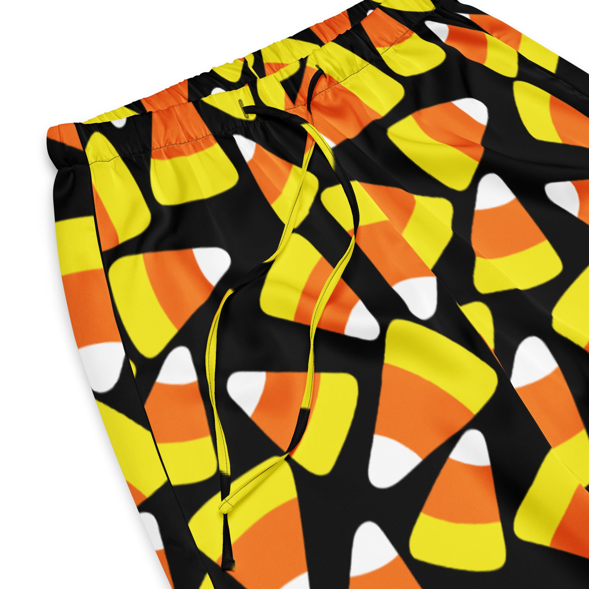 Black swim trunks with vibrant orange yellow and white candy corn pattern lightweight relaxed fit with drawstring waist