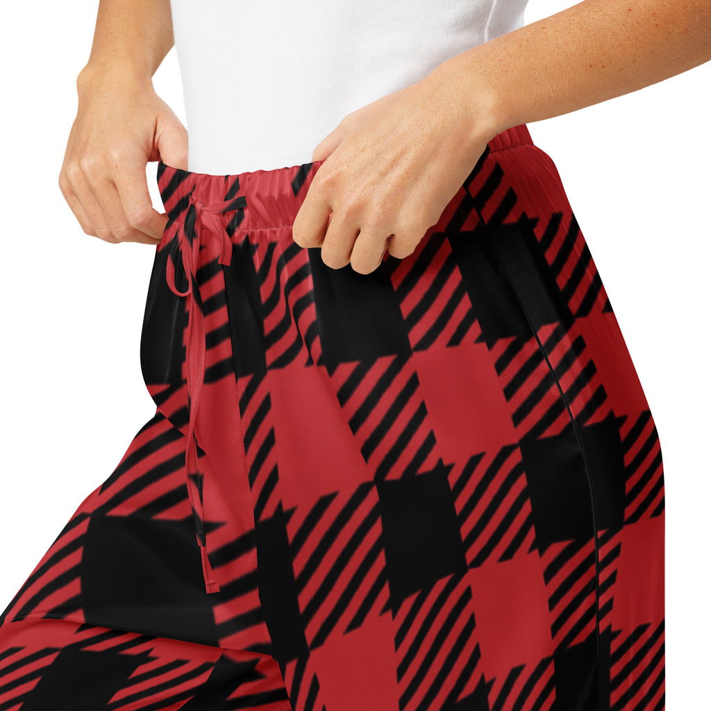 Women’s lightweight relaxed fit buffalo plaid pajama pants in red and black with a drawstring waistband