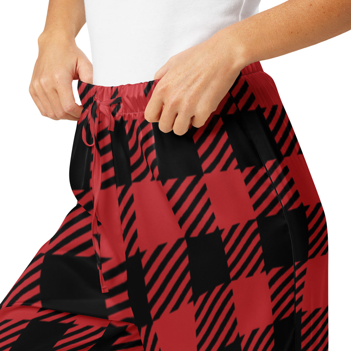 Women’s lightweight relaxed fit buffalo plaid pajama pants in red and black with a drawstring waistband