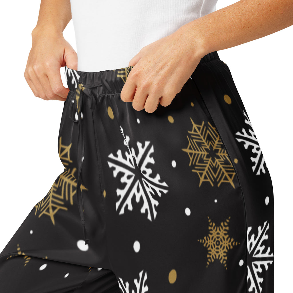 Women’s black pajama pants with white and gold snowflake pattern lightweight relaxed fit with drawstring waist