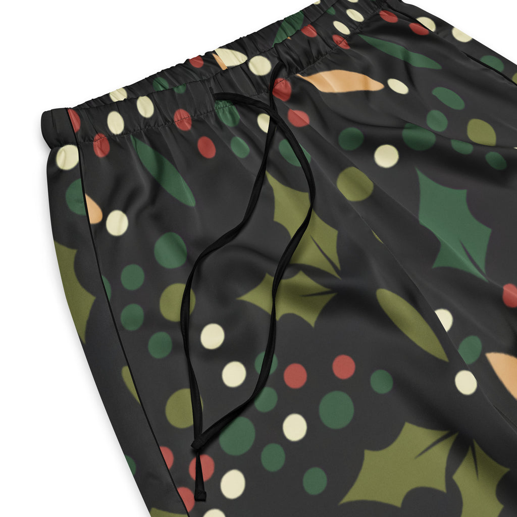 Women’s lightweight black holly print Christmas pajama shorts with green leaves red white dots and olive circles