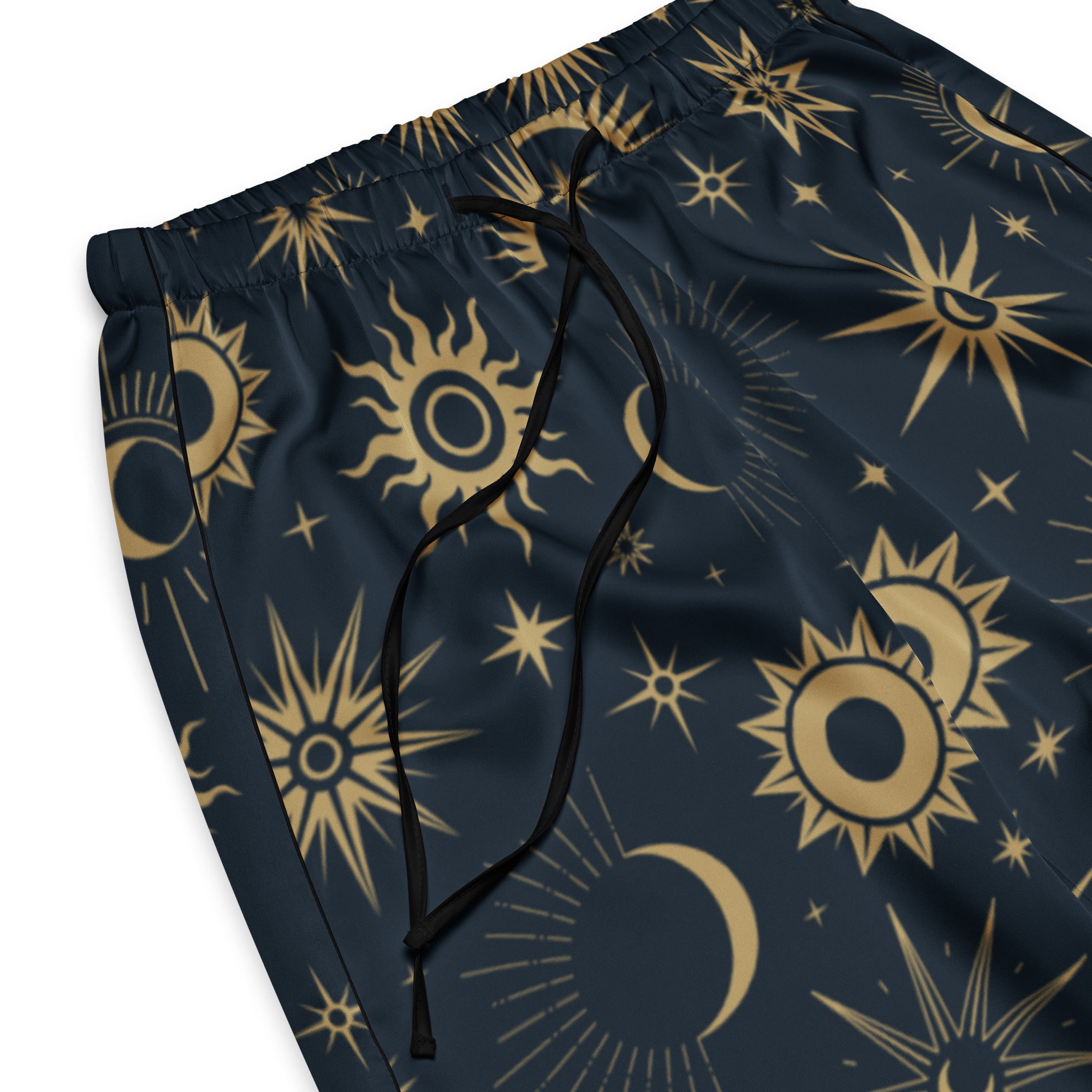 Women’s dark blue celestial sun and moon pajama pants with vibrant gold pattern lightweight relaxed fit with drawstring waist