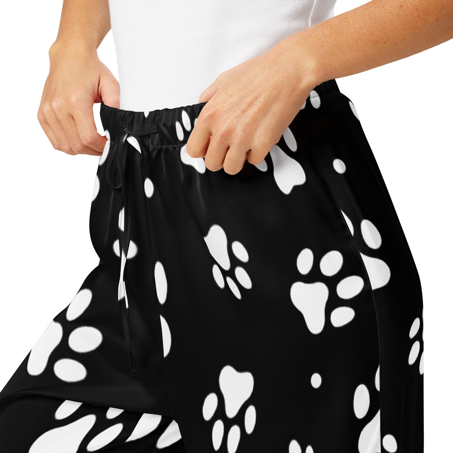 Women’s Black Paw Print Pajama Pants – Lightweight Relaxed Fit with Drawstring Waist