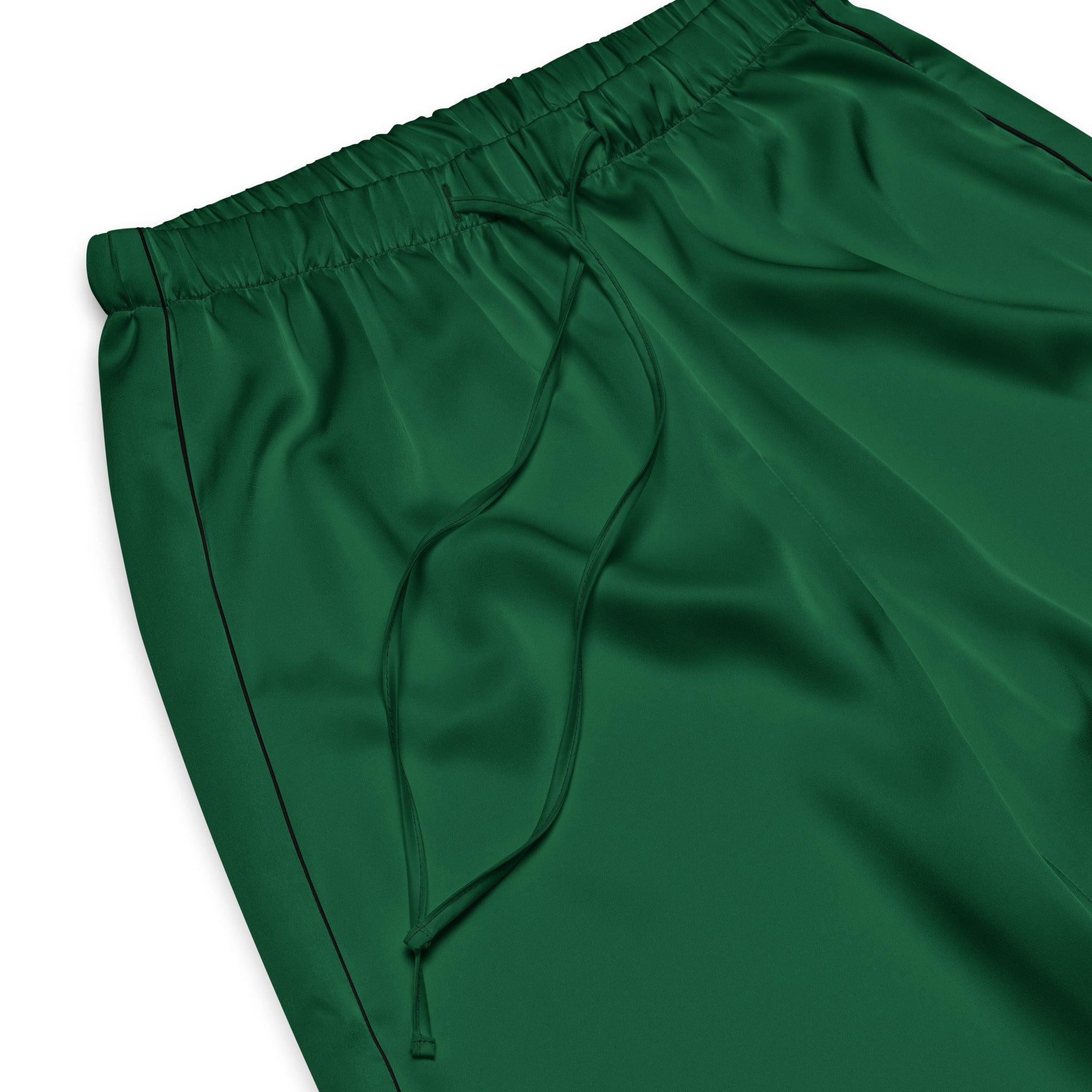 Women’s dark green lightweight satin pajama pants with drawstring waist and black piping for relaxed fit comfort