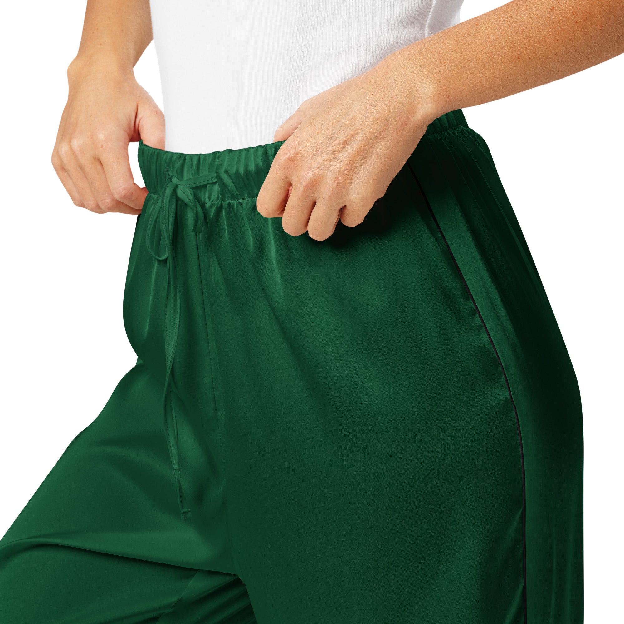 Women’s dark green satin pajama pants with elastic waistband and drawstring for lightweight relaxed fit comfort