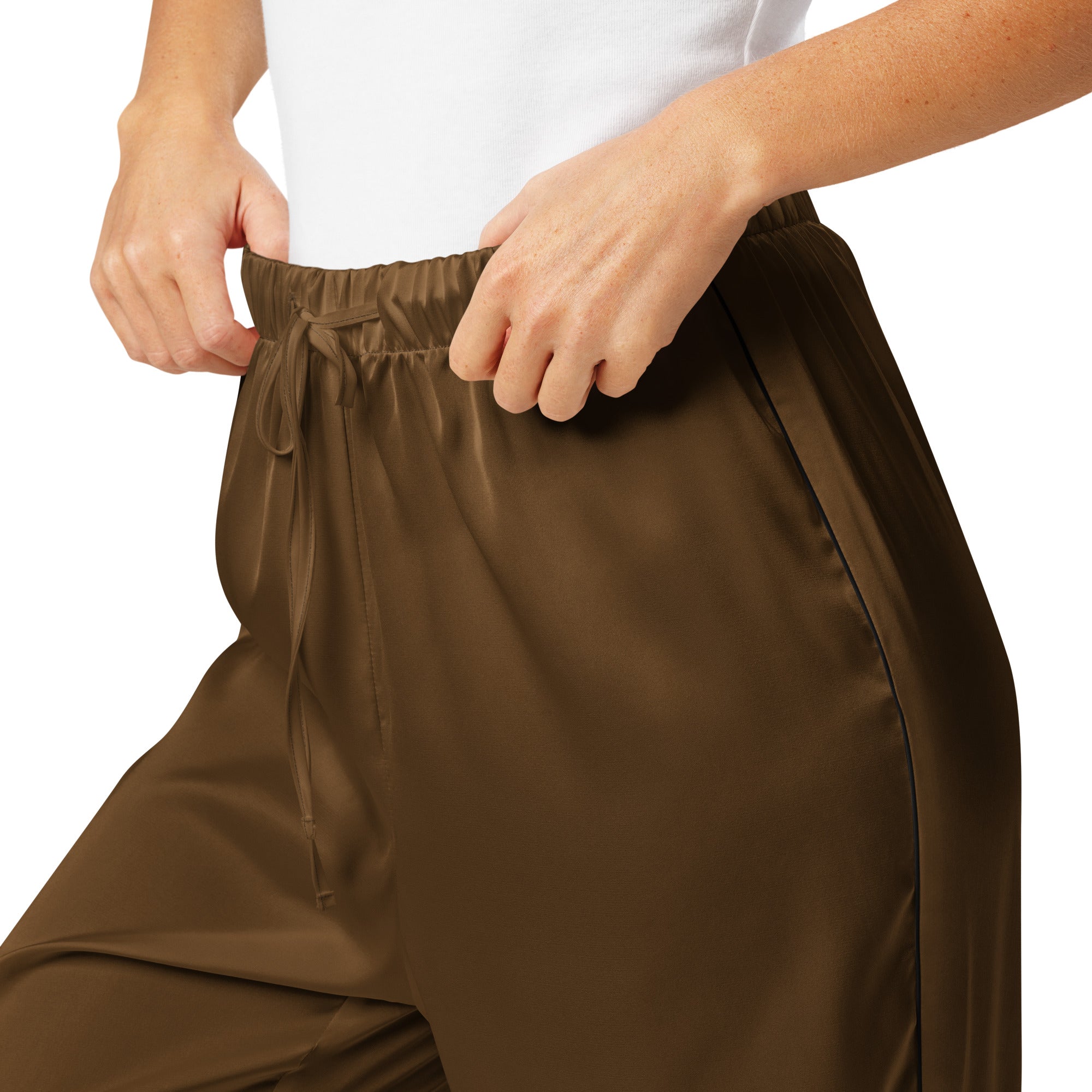 Women’s brown satin pajama pants with lightweight relaxed fit and drawstring waistband for comfortable lounging